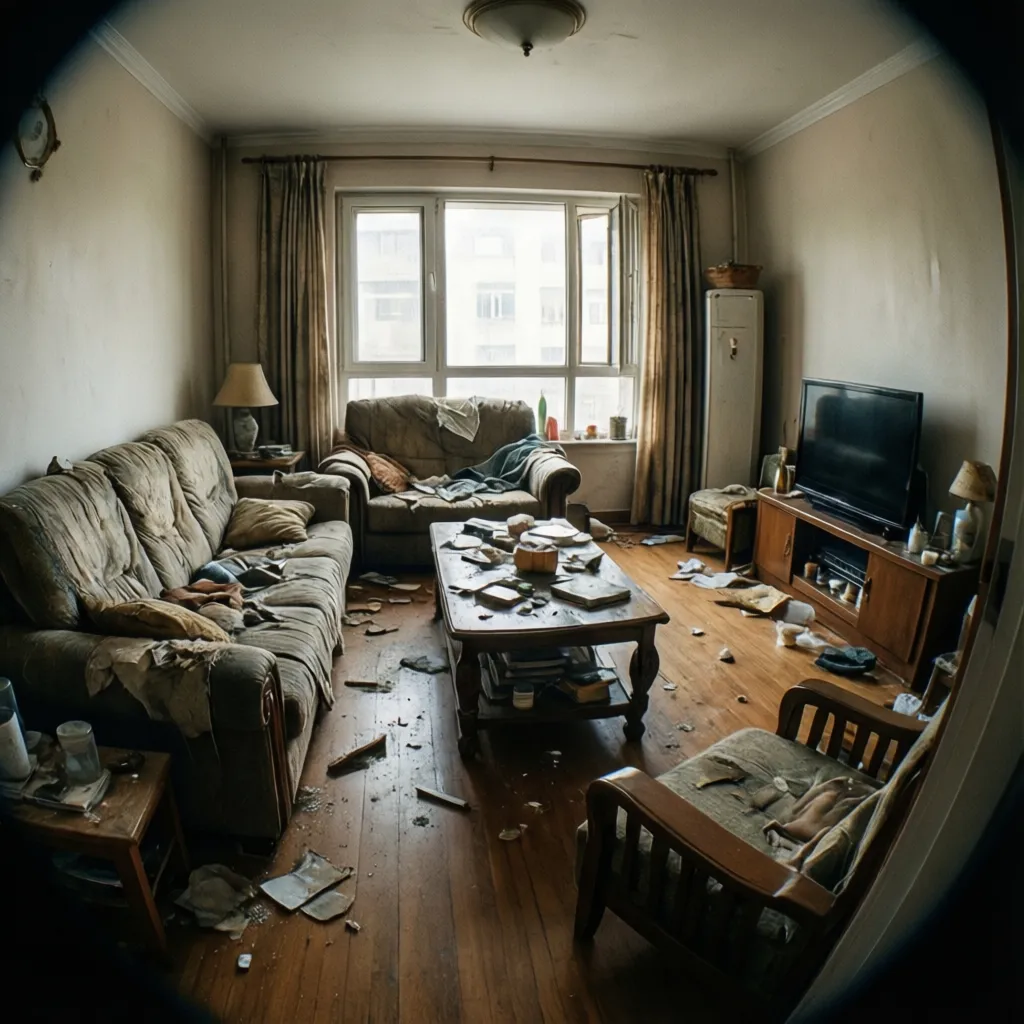 Sala con muebles mal distribuidos que bloquean el paso