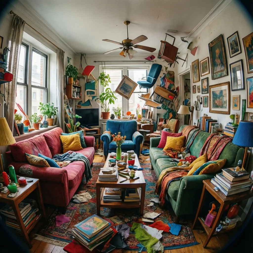 Messy living room with floating chairs colorful sofas many wall pictures and a cluttered floor