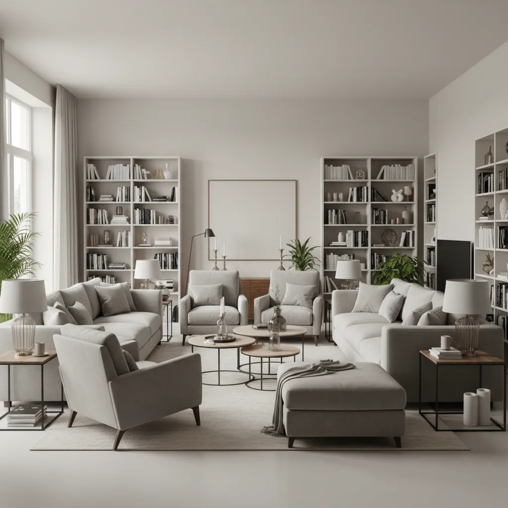 Crowded living room layout with many grey sofas, multiple coffee tables, and large white bookshelves