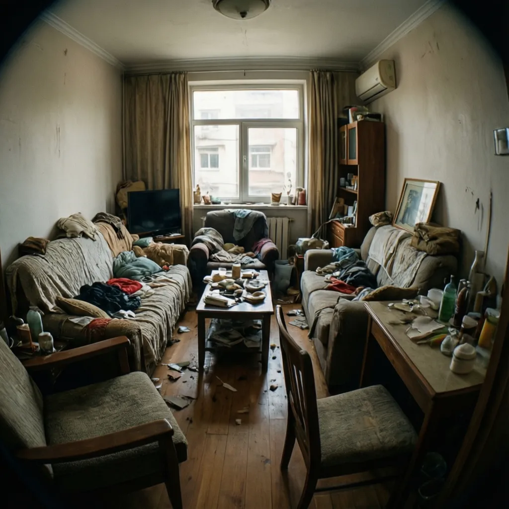 Habitación pequeña sobrecargada de muebles que bloquean la circulación