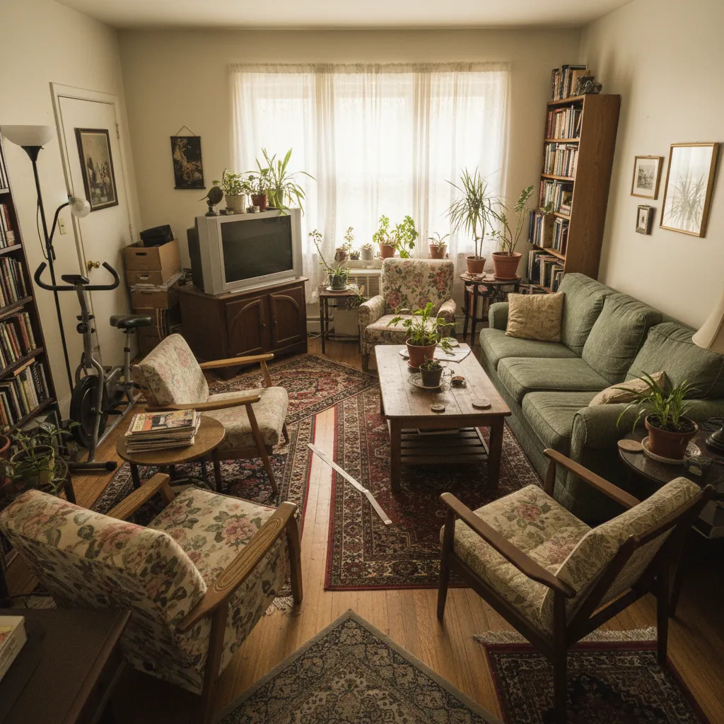 Sala pequeña con demasiados muebles mostrando un error común de distribución