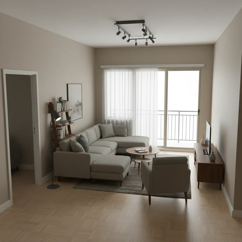 Diseño 3D de salón con mala distribución de muebles mostrando errores comunes.