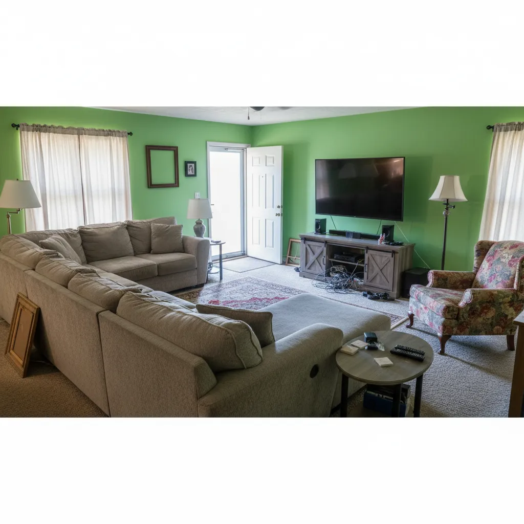 Living room with green walls large grey sofa floral armchair wooden TV stand and curtains