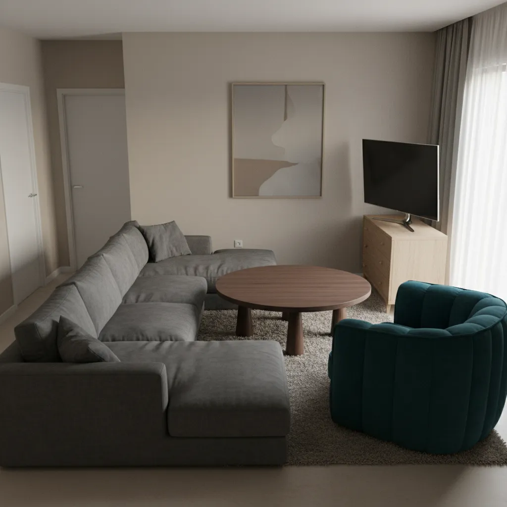 Visualización 3D mostrando una mala distribución de muebles en un salón pequeño