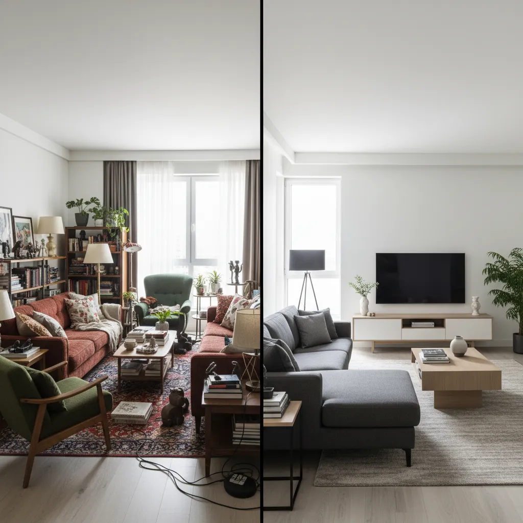 Comparación de salón sobrecargado de muebles frente a distribución equilibrada