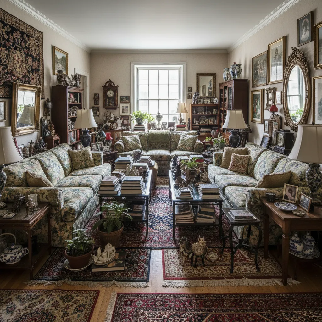 sala de estar con demasiados muebles mostrando mala distribución