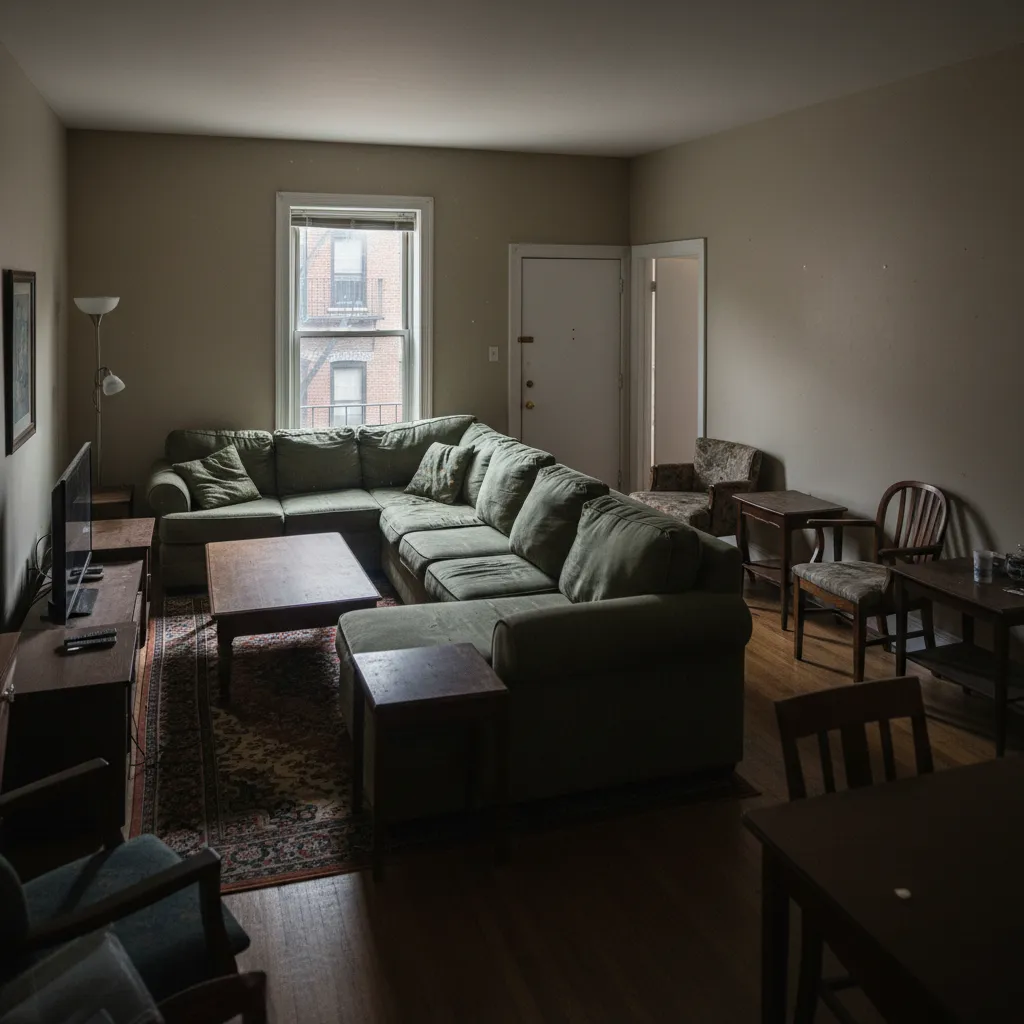 sala con mala distribución de muebles bloqueando circulación