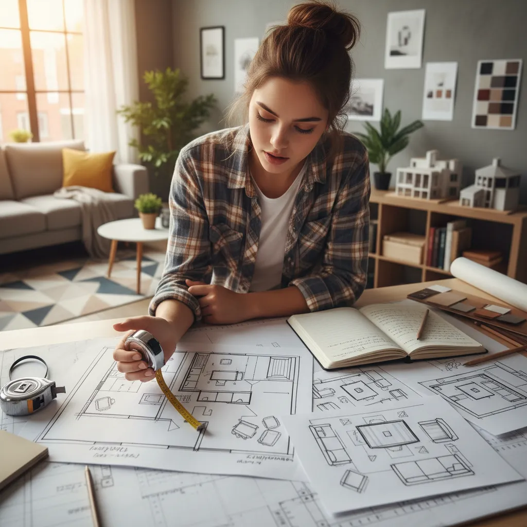 Young woman using a measuring tape on floor plan drawings with room layout sketches on desk