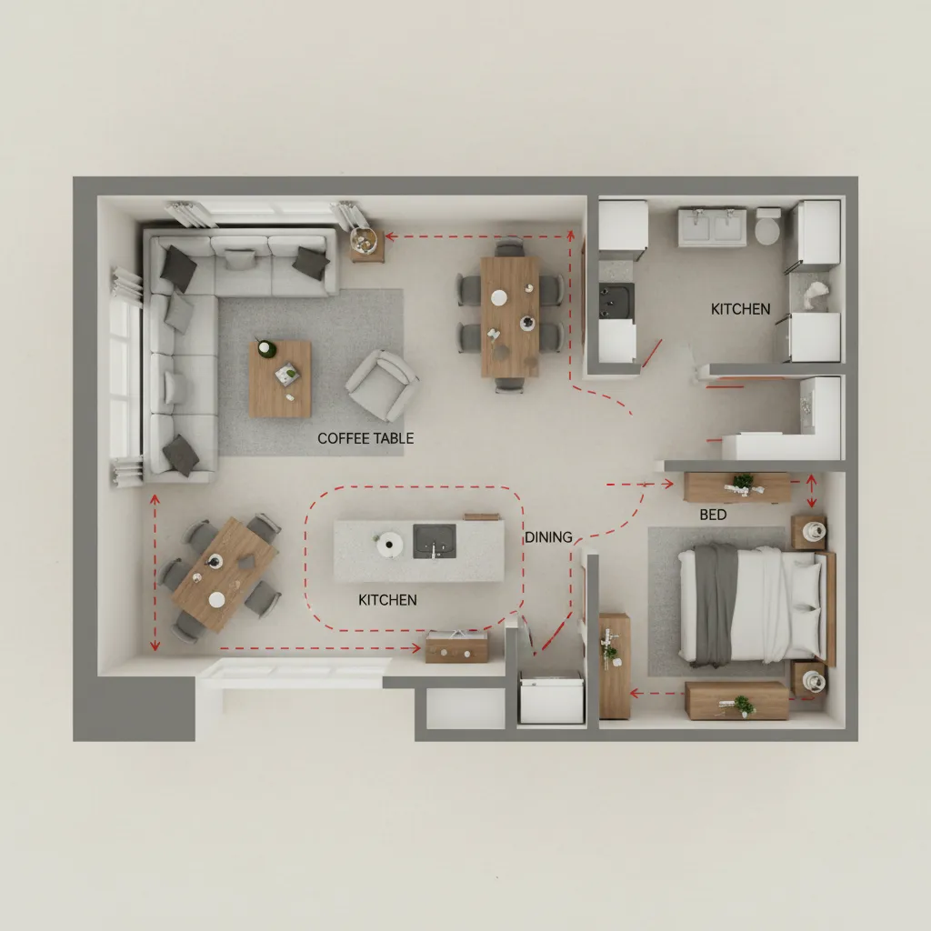 3D floor plan layout of small apartment showing living room kitchen bedroom and red arrows