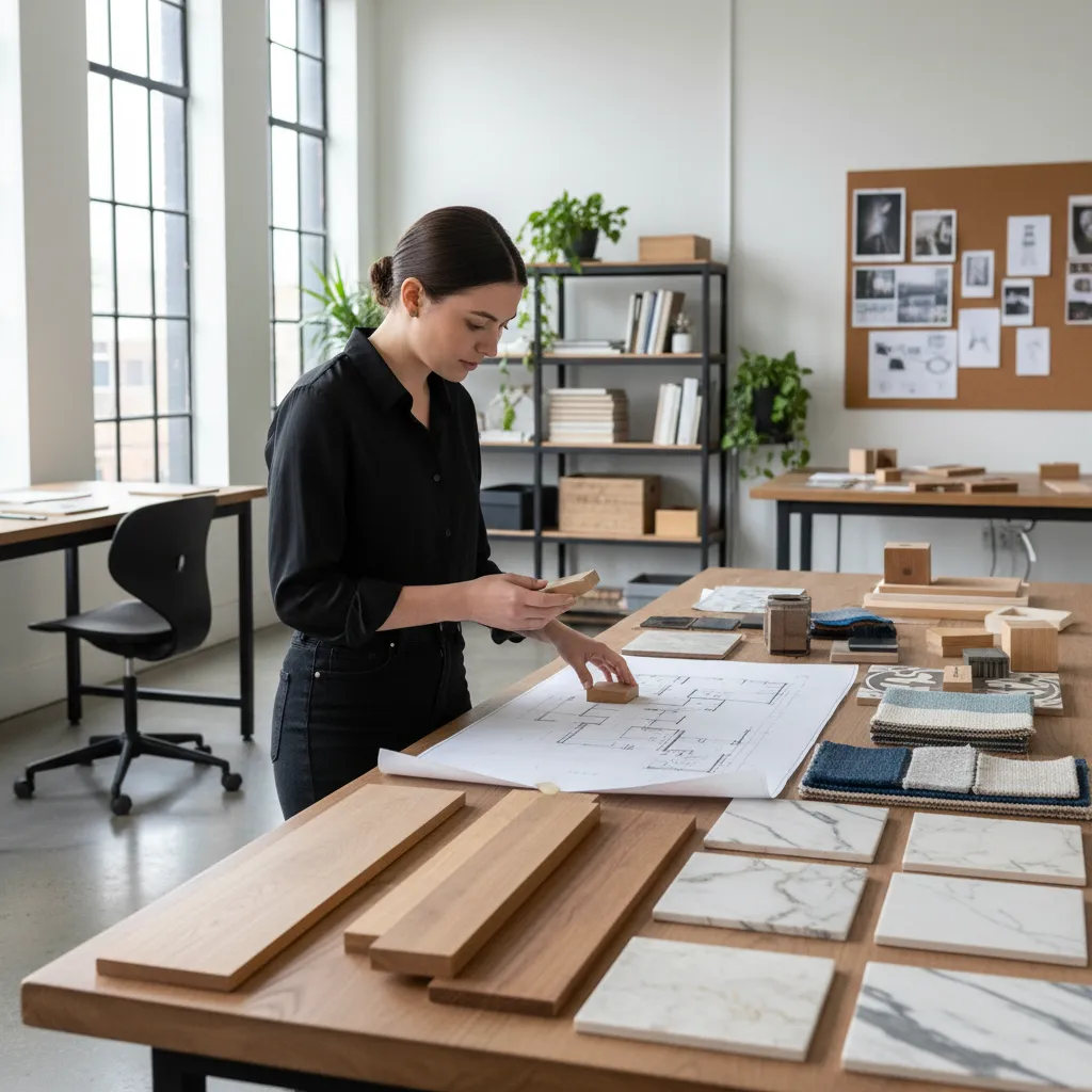 Estudiante revisando planos de diseño interior con muestras de materiales
