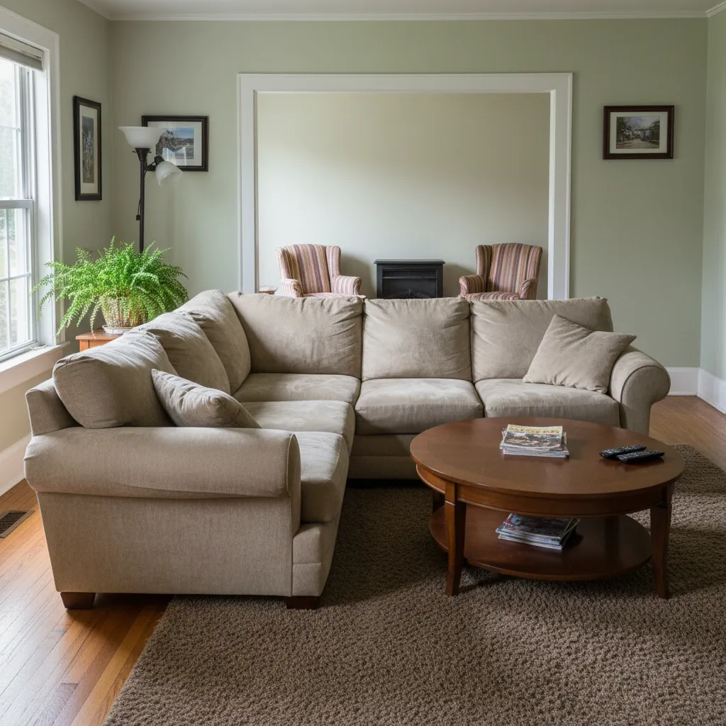 Cozy living room with beige sofa, round wooden coffee table, brown rug, and green walls