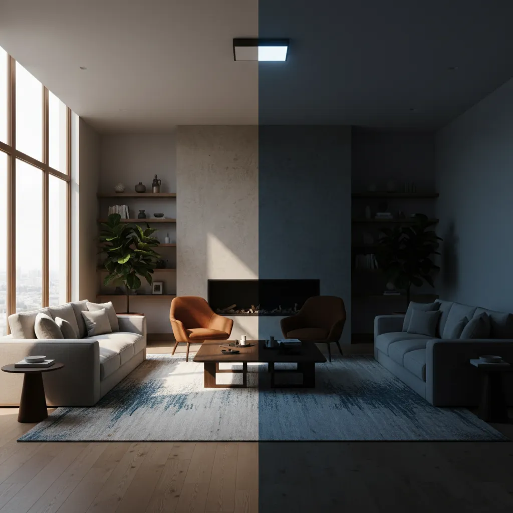 Comparación de iluminación correcta e incorrecta en un salón diseñado