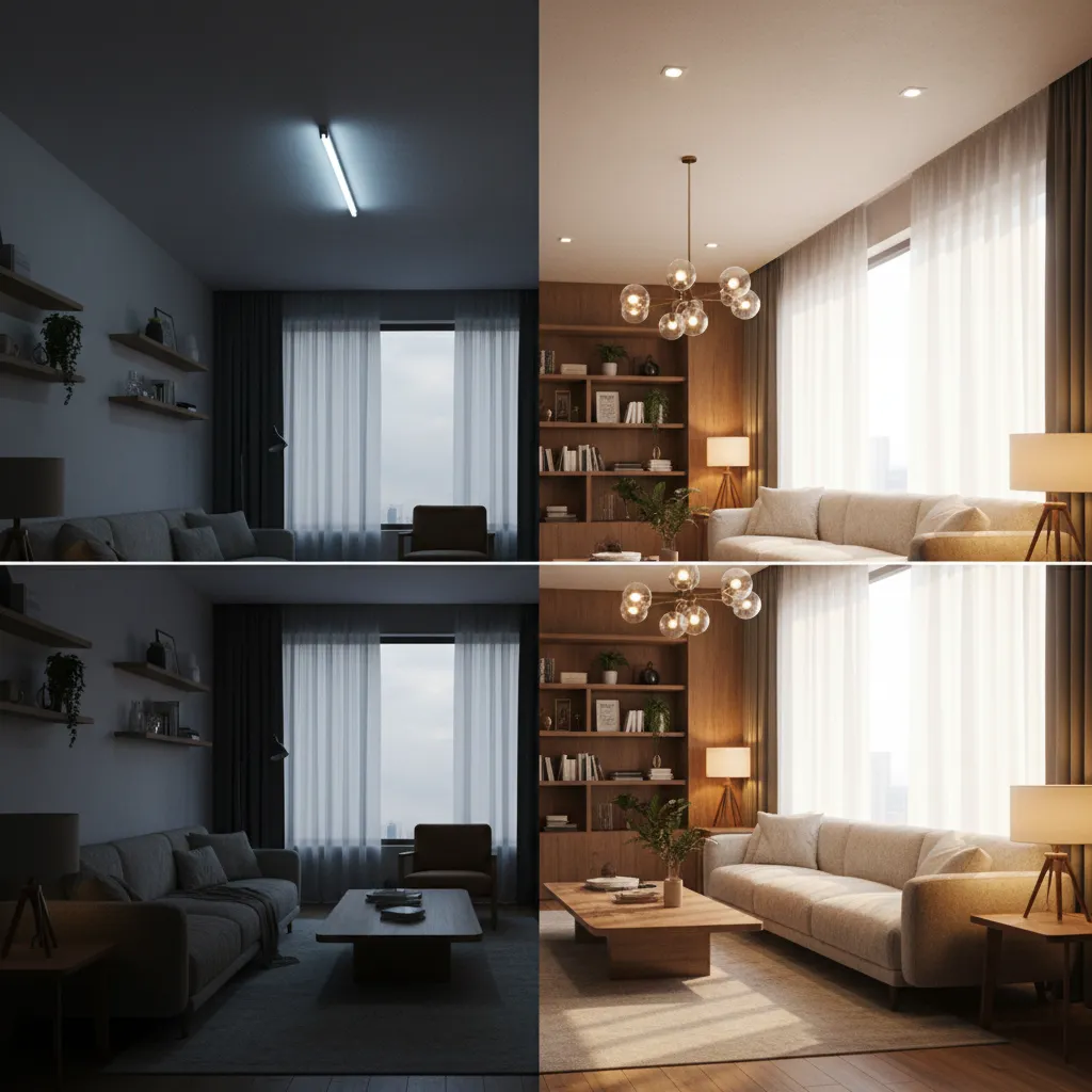 Before and after lighting comparison of a living room showing dark versus bright warm lights