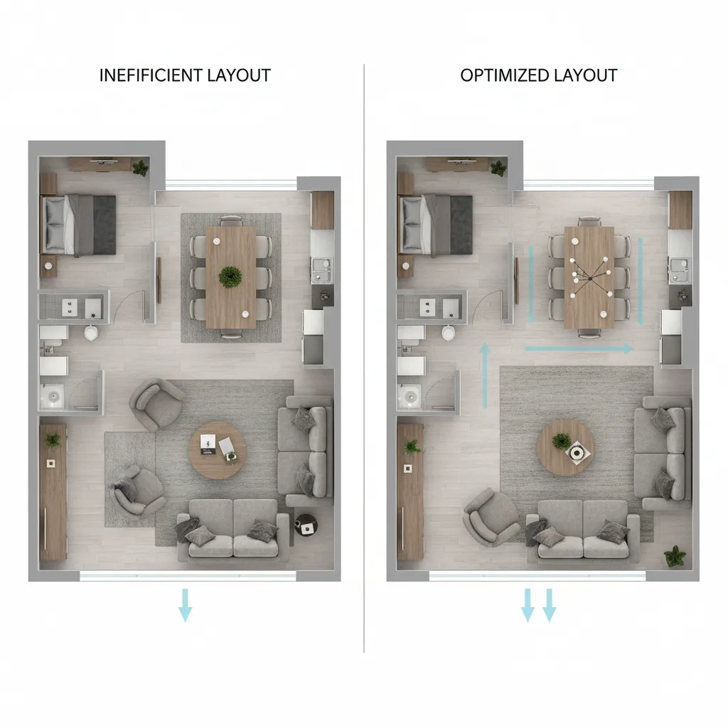 Comparison showing inefficient floor plan layout versus optimized room design with improved furniture arrangement flow