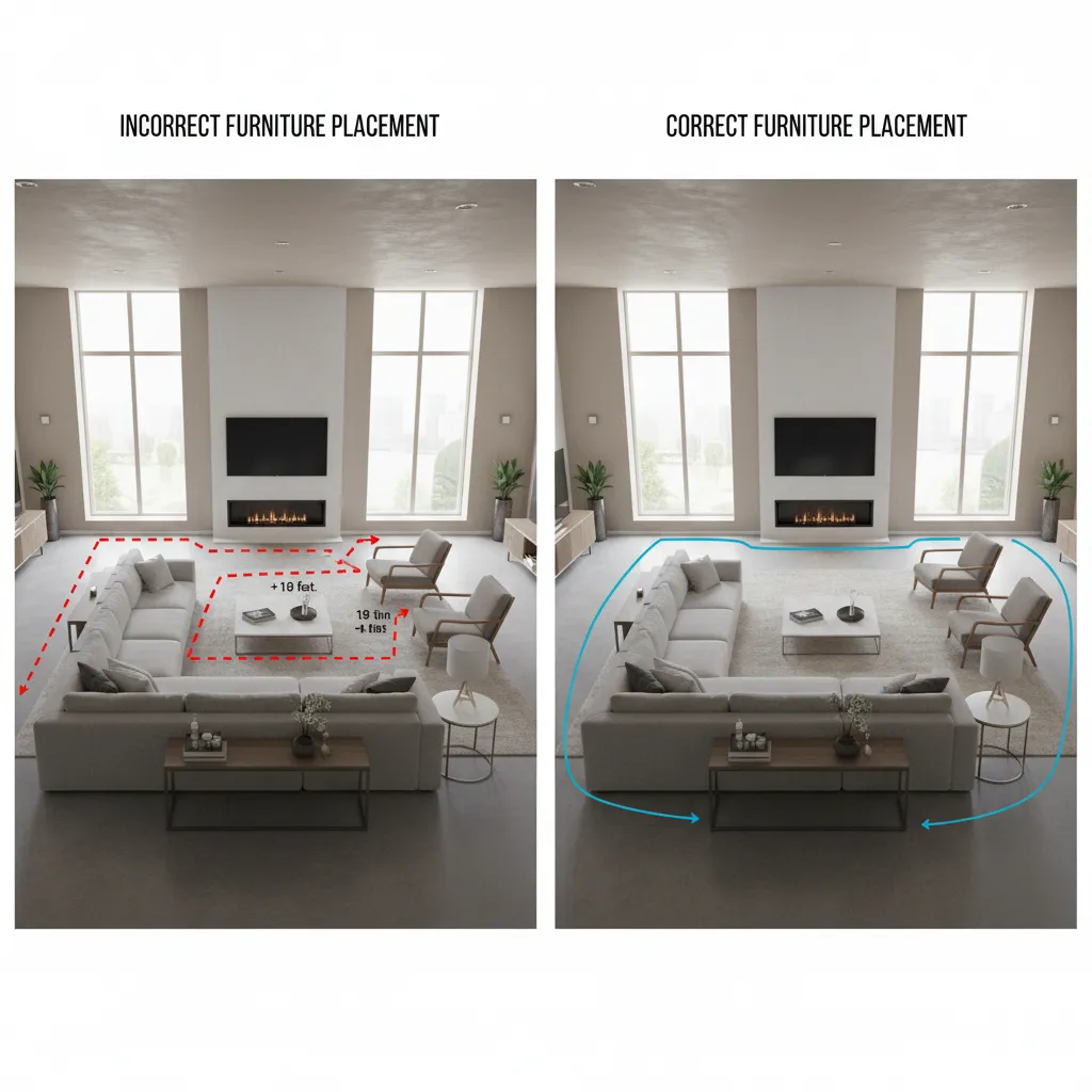 Comparación de distribución incorrecta y correcta de muebles en una sala