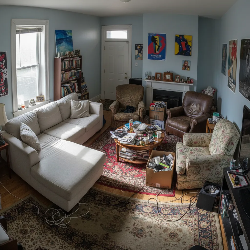 Sala con mala distribución de muebles que dificulta la circulación