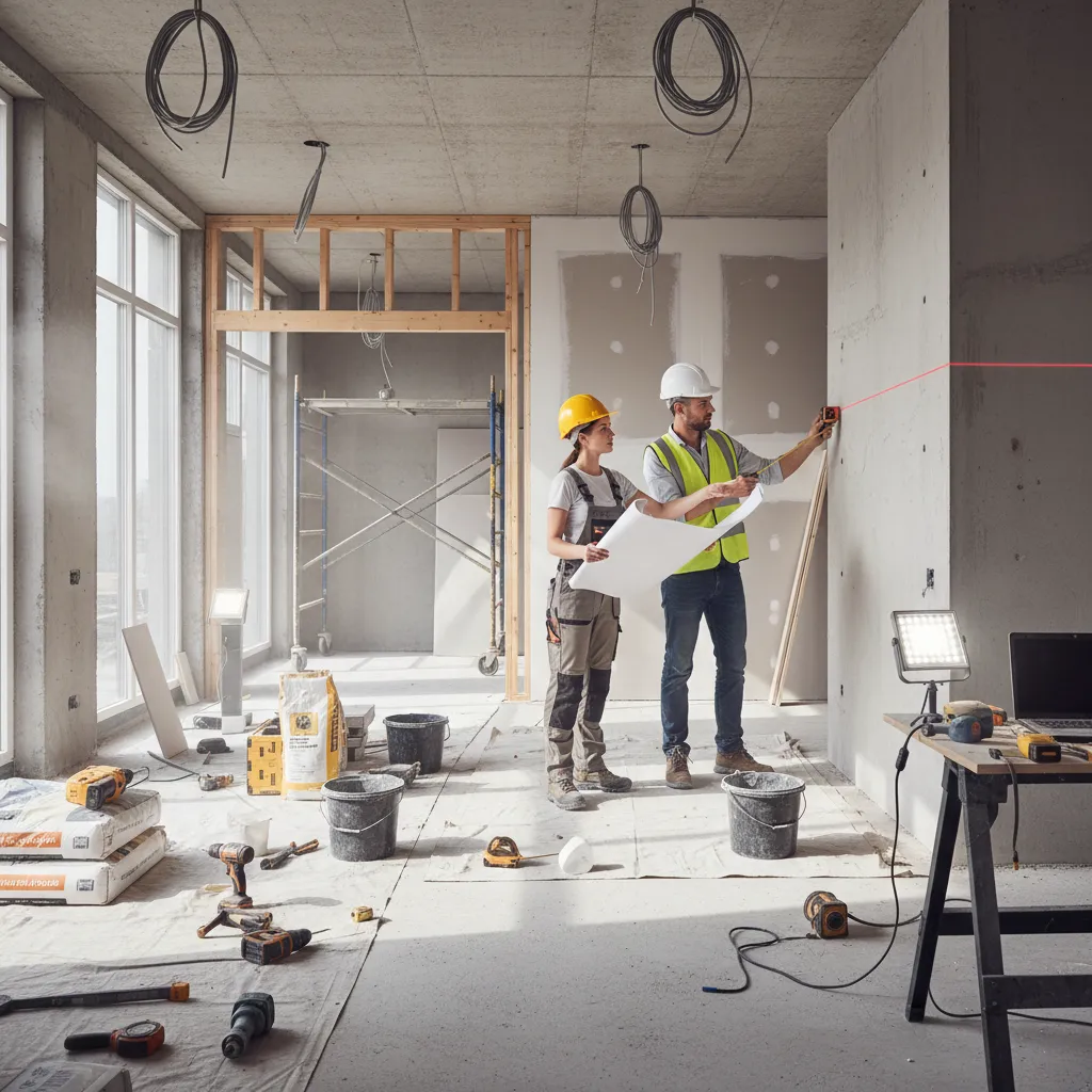 Construction workers in hard hats holding plans and using tools in an unfinished concrete room