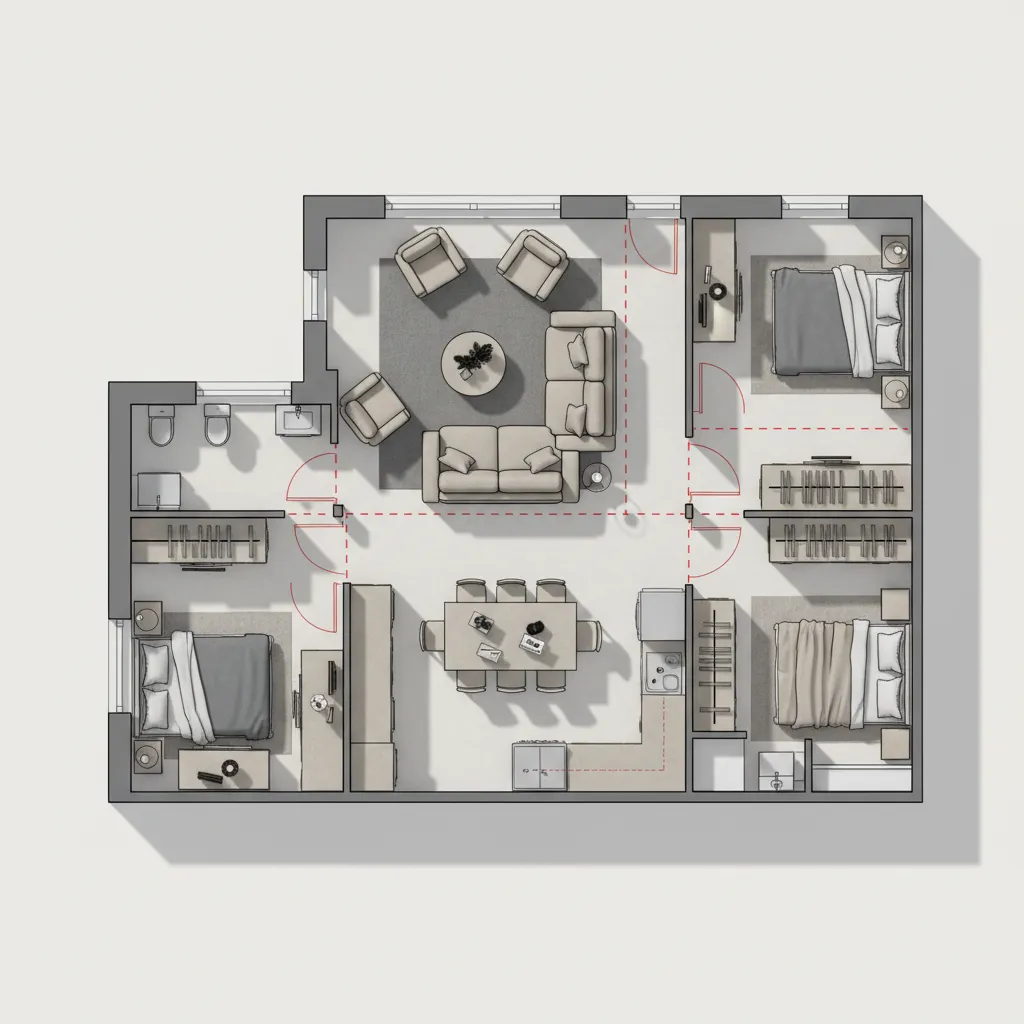 Plano de habitación con muebles mal distribuidos mostrando errores comunes