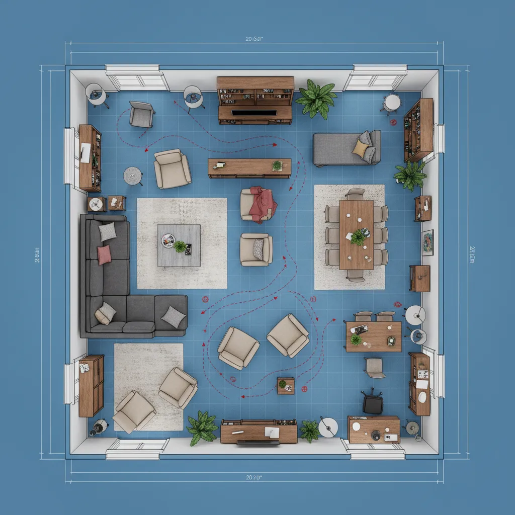 Plano de habitación con demasiados muebles mostrando mala distribución