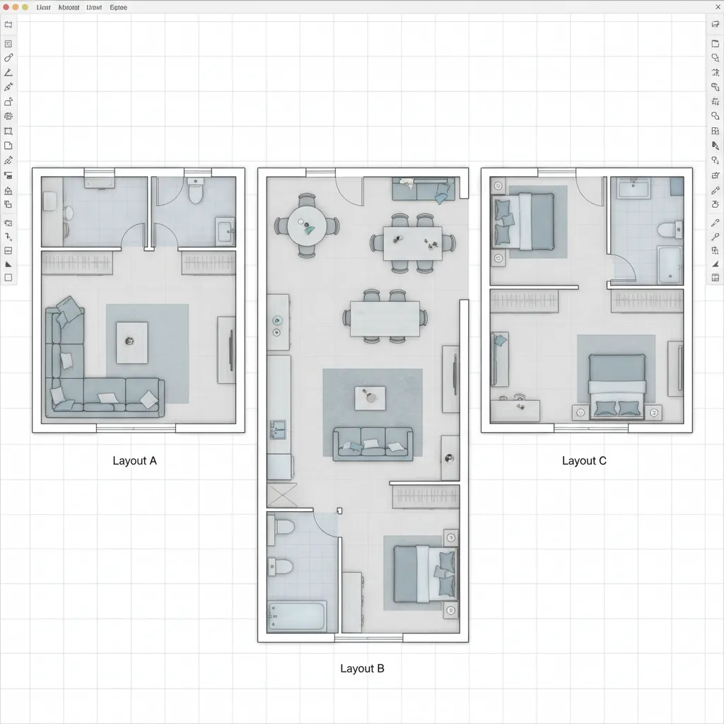 Floor plan editor screen showing three different room layout options labeled A B and C