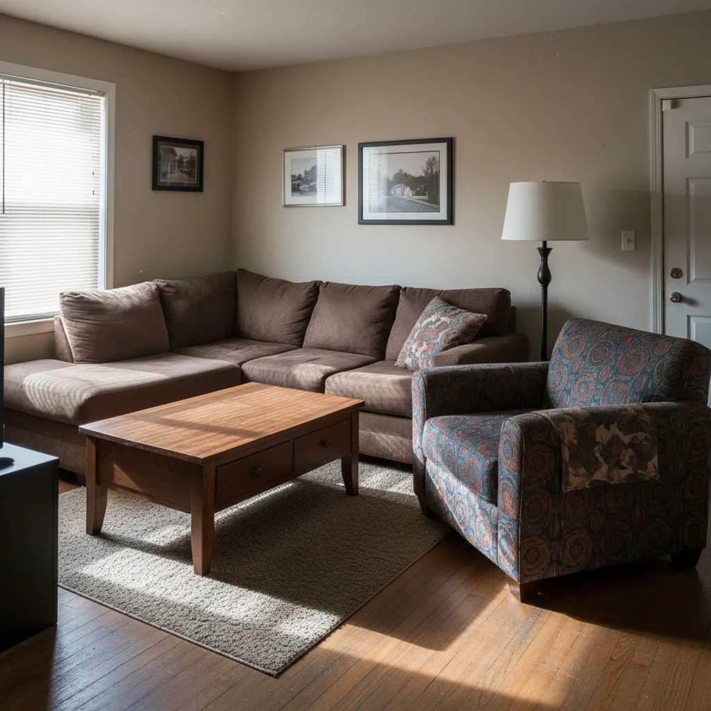 Sala con mala distribución de muebles que bloquea el paso