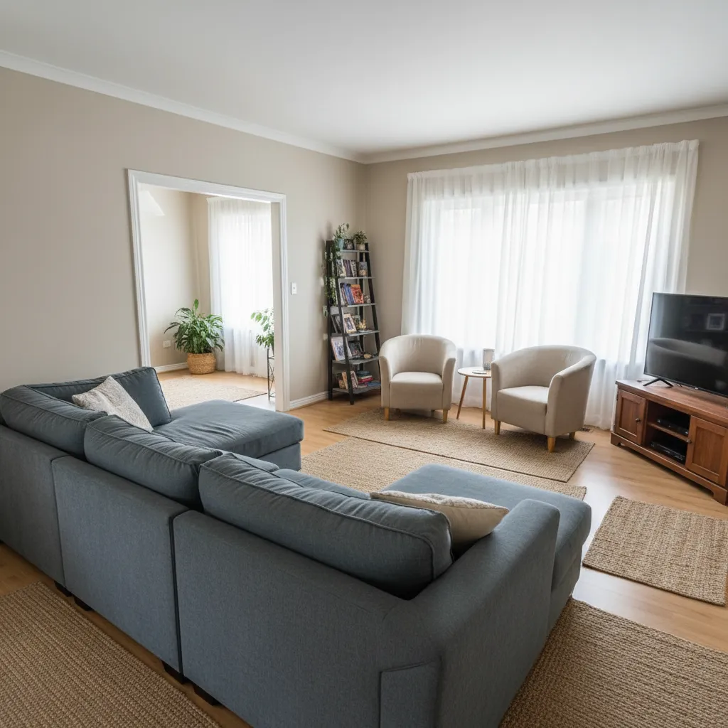 Large blue sectional sofa in a living room with two beige armchairs and white curtains