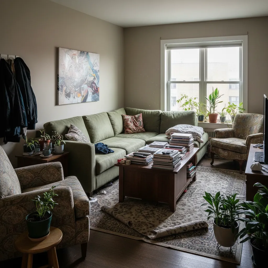 Sala con muebles mal distribuidos que bloquean la circulación