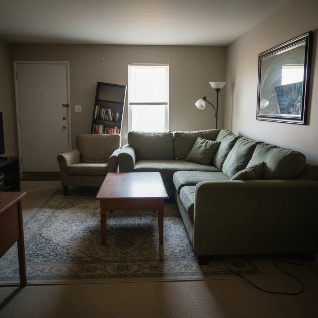 Living room featuring green sofa wooden coffee table patterned rug floor lamp and white door