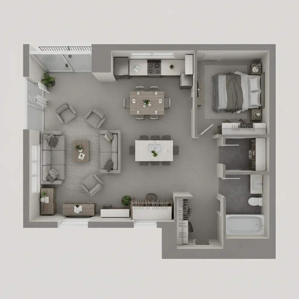 Plano de salón con problemas de circulación entre muebles