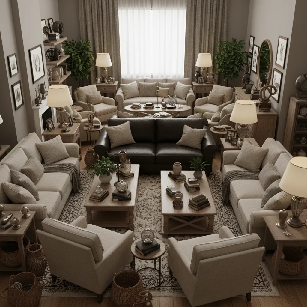 Salón virtual sobrecargado de muebles en simulador de diseño