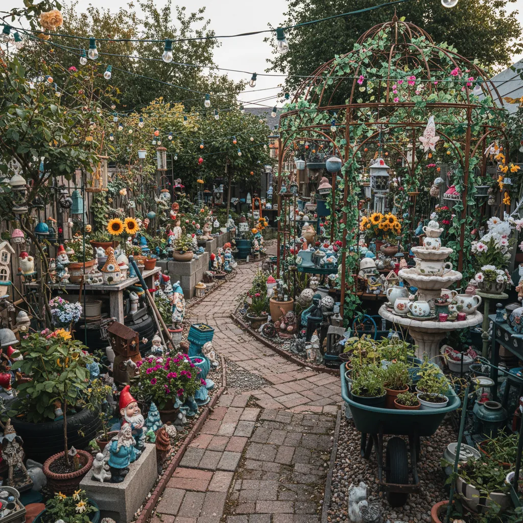 Ejemplo de jardín con demasiados elementos decorativos y mala circulación