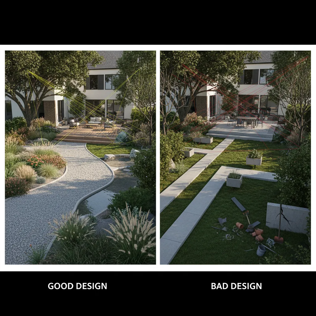 comparación de diseño de jardín correcto e incorrecto en modelo 3D