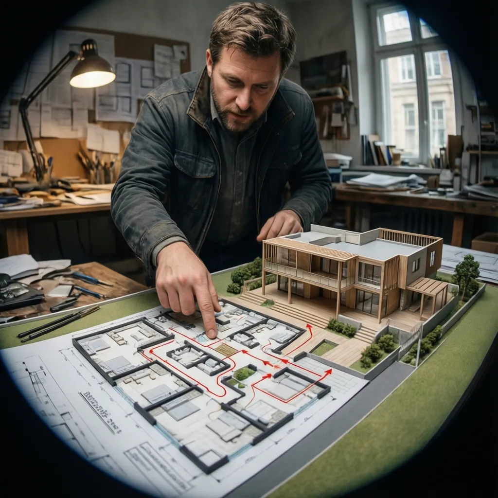 Maqueta de casa señalando problemas de distribución interior