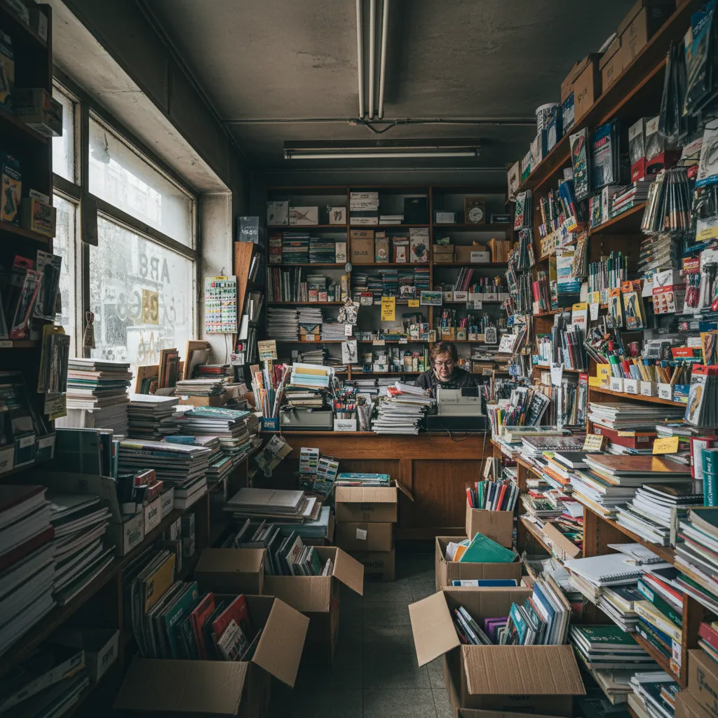 Cluttered old stationery shop with messy shelves, piles of books, cardboard boxes, and natural light