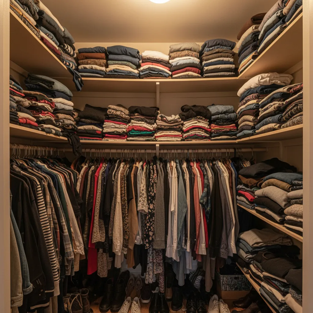 Placard desorganizado con demasiados estantes y ropa amontonada