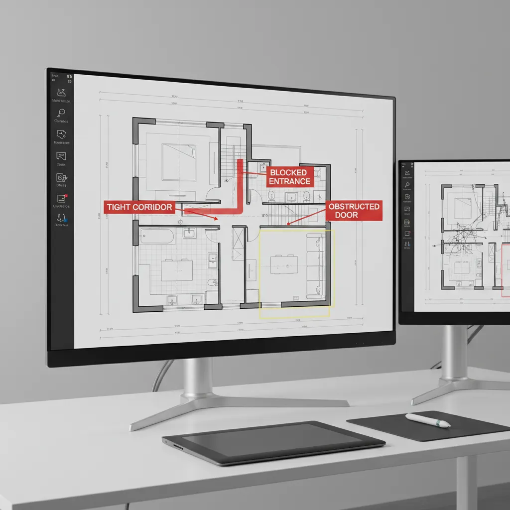 Floor plan on computer screen showing design errors like tight corridors and blocked entrance doors