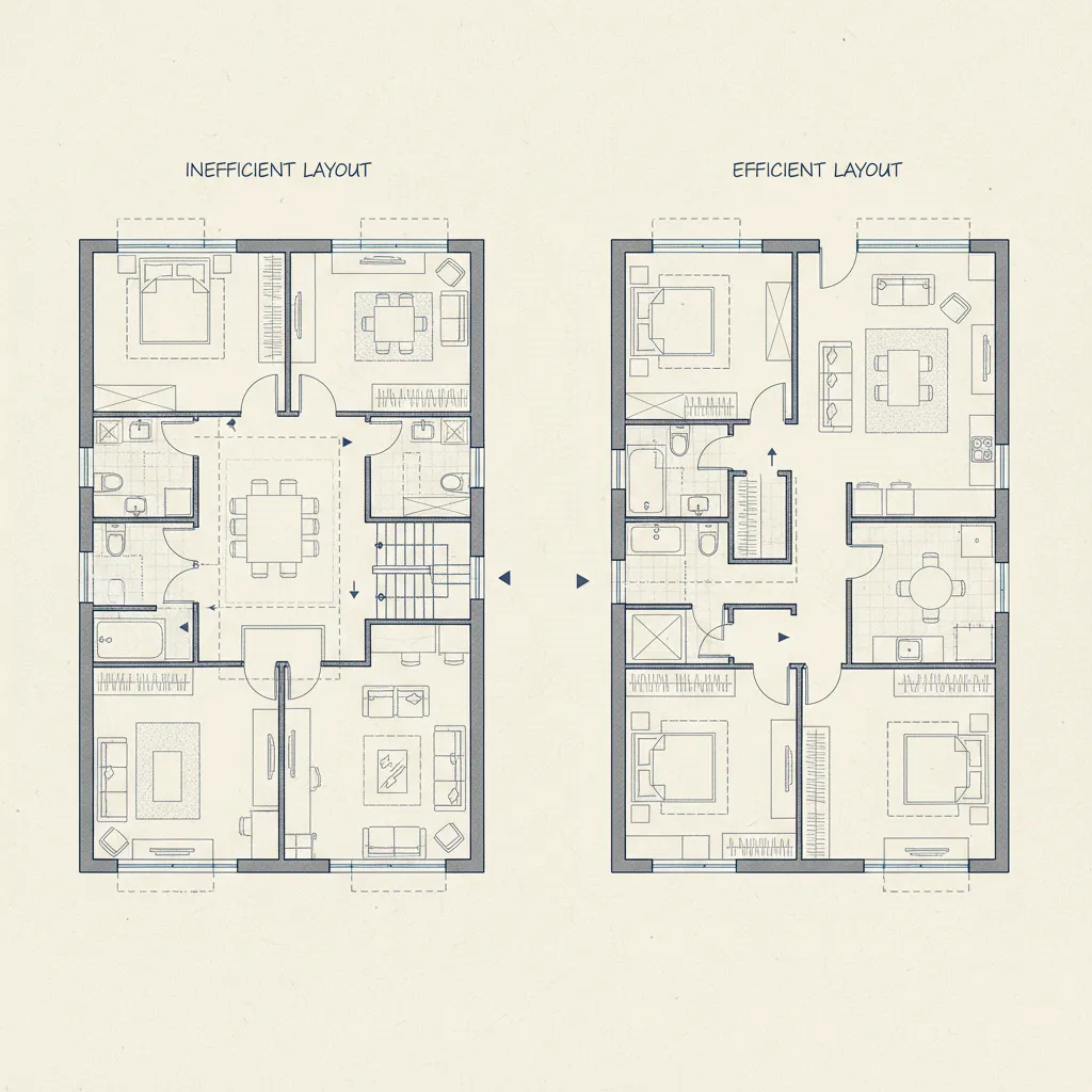 Plano de casa con pasillos largos y distribución poco eficiente