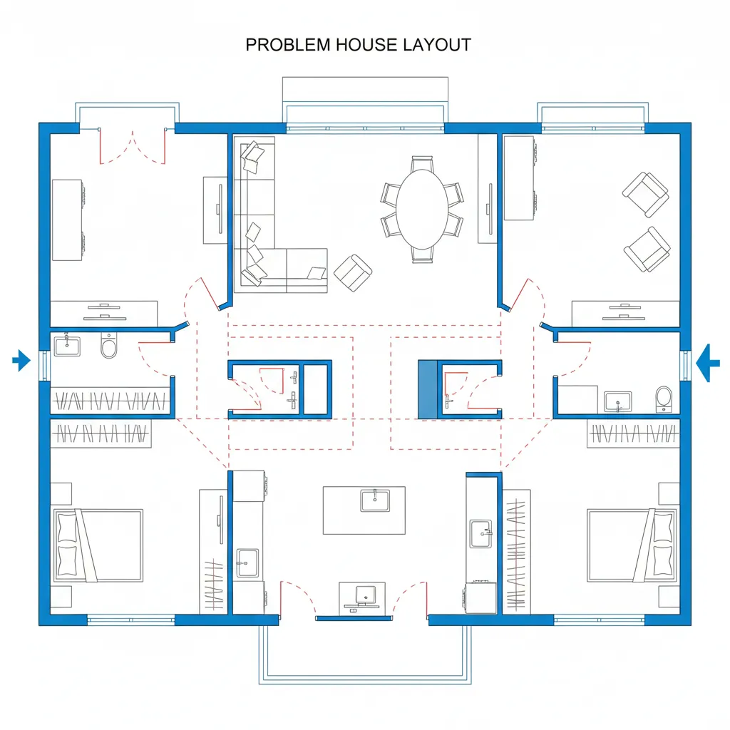Plano de vivienda con errores de circulación y muebles mal colocados