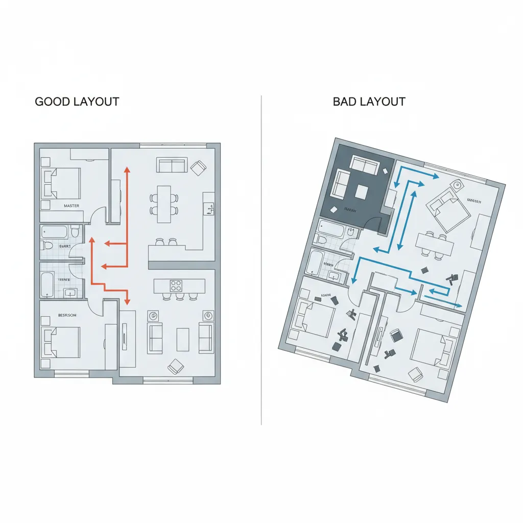 Comparación entre plano de casa bien distribuido y uno con errores de circulación