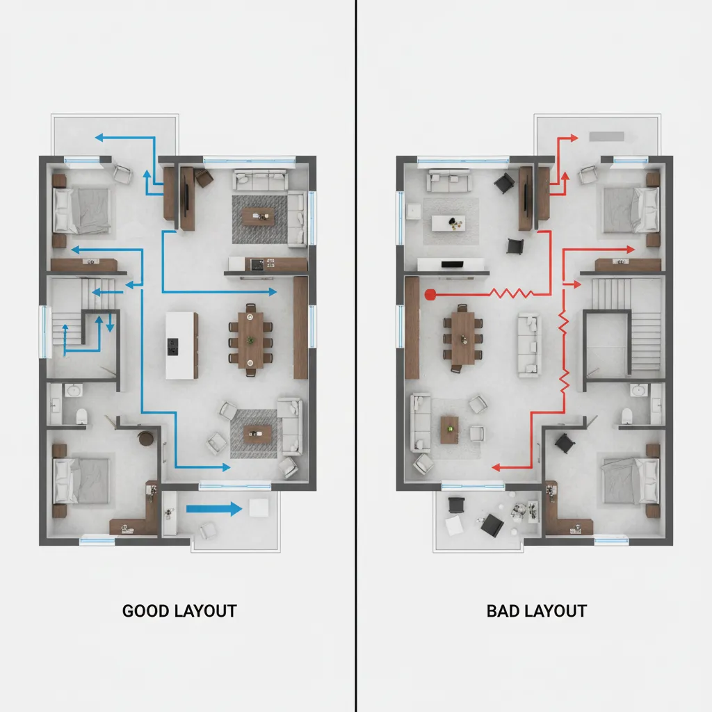 Comparación entre un plano de casa bien distribuido y uno con errores de espacio