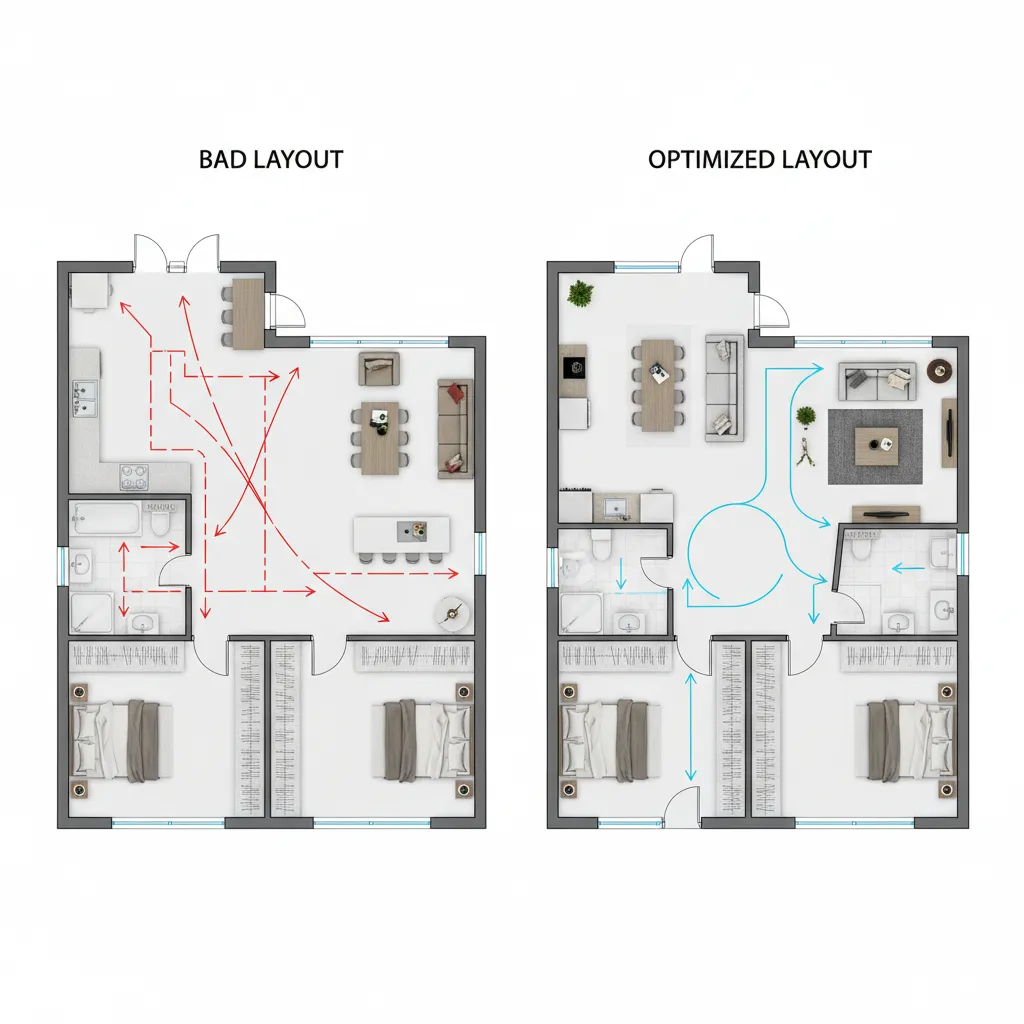 Comparación entre un plano de casa con mala circulación y uno optimizado