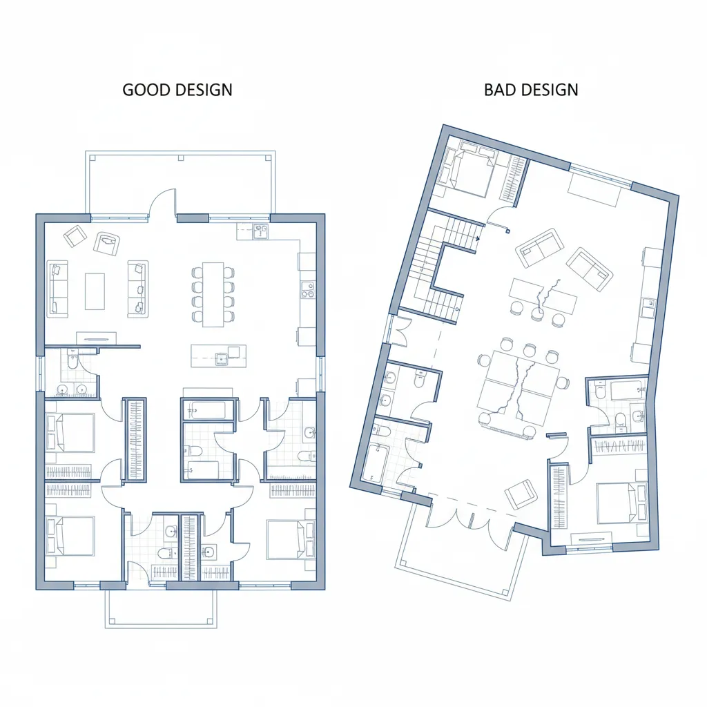 Comparación entre plano de casa eficiente y plano con errores