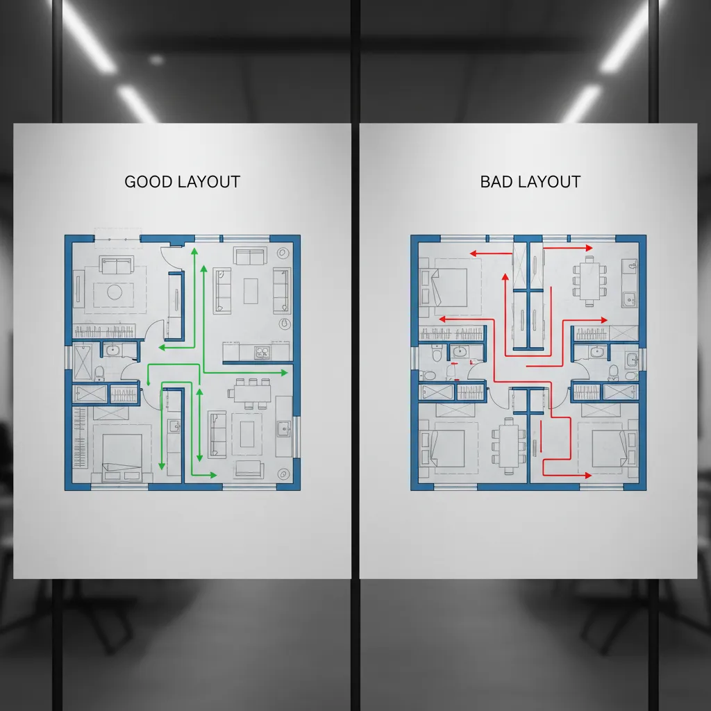 Comparación de dos planos de casa mostrando buena y mala distribución