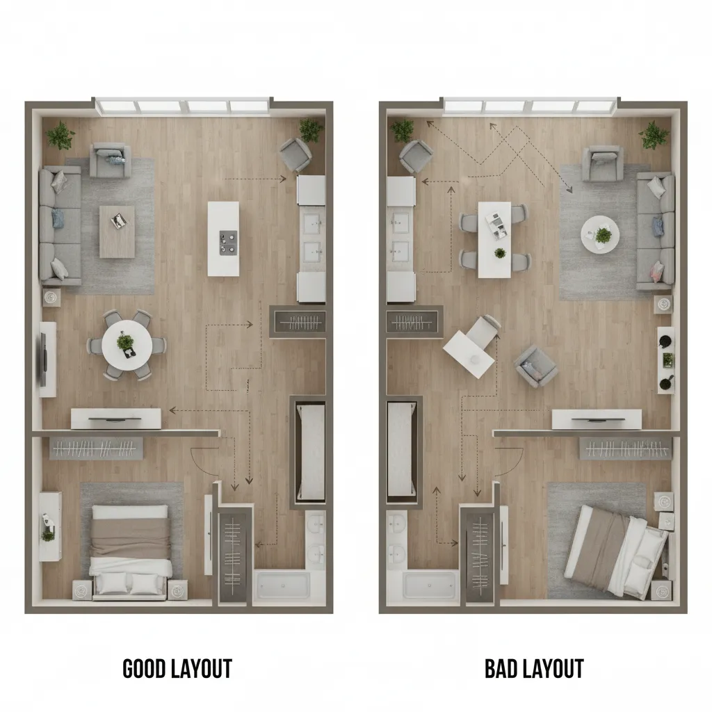 Comparación visual de distribución correcta e incorrecta en un plano