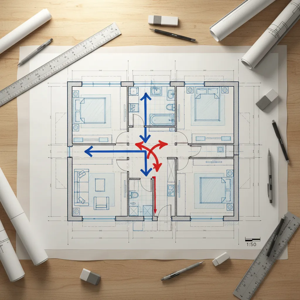 Plano de vivienda mostrando problemas de circulación y puertas mal ubicadas