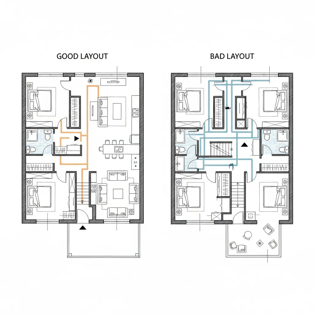 Comparación de plano eficiente y plano con pasillos largos
