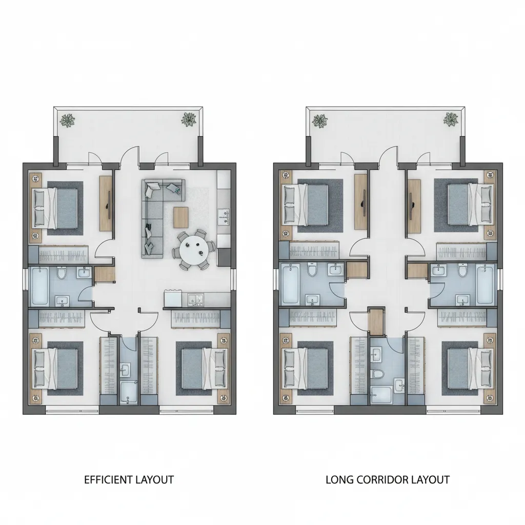 Comparación entre plano eficiente y plano con pasillo largo