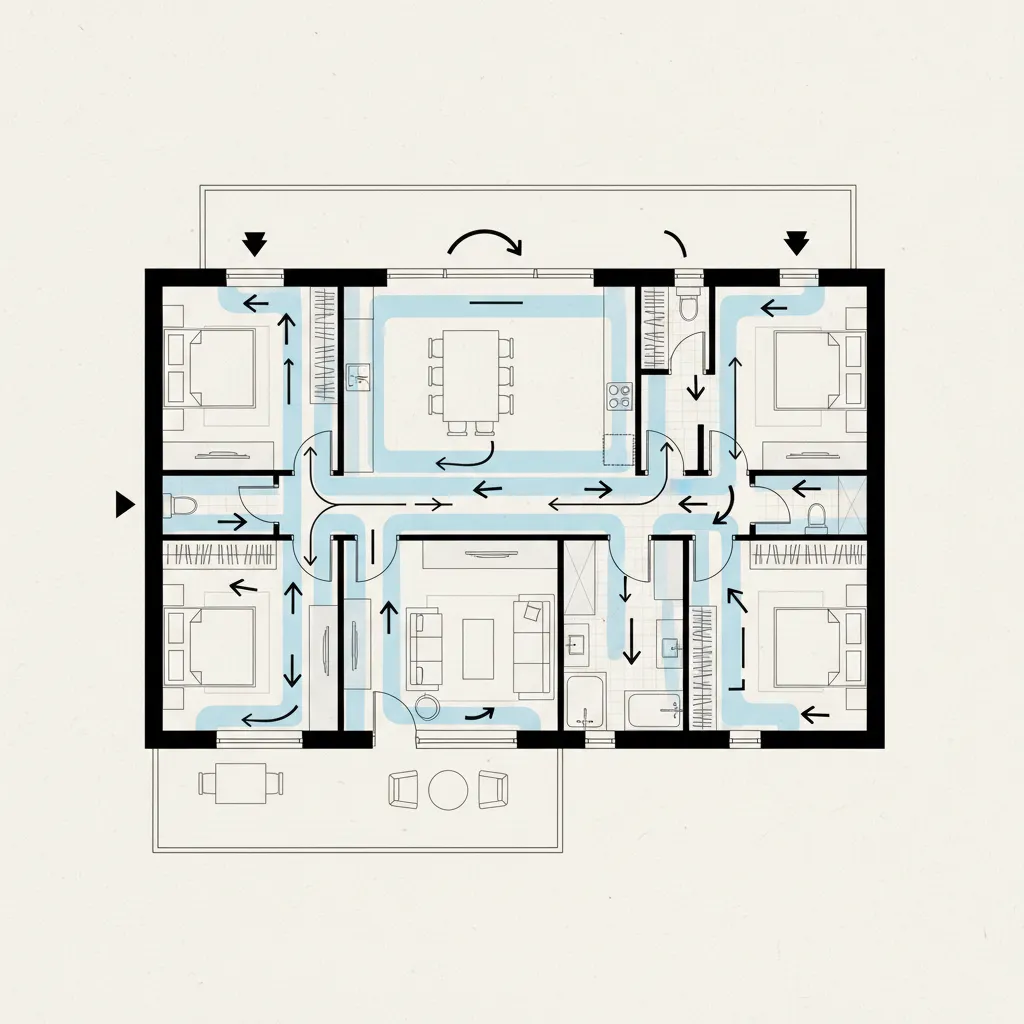 2D house floor plan with blue arrows showing the room layout and air flow movement