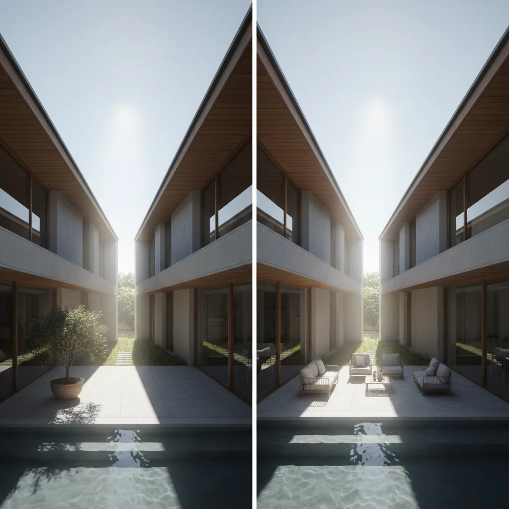 Comparación de patio estrecho y patio amplio en diseño de casa en H