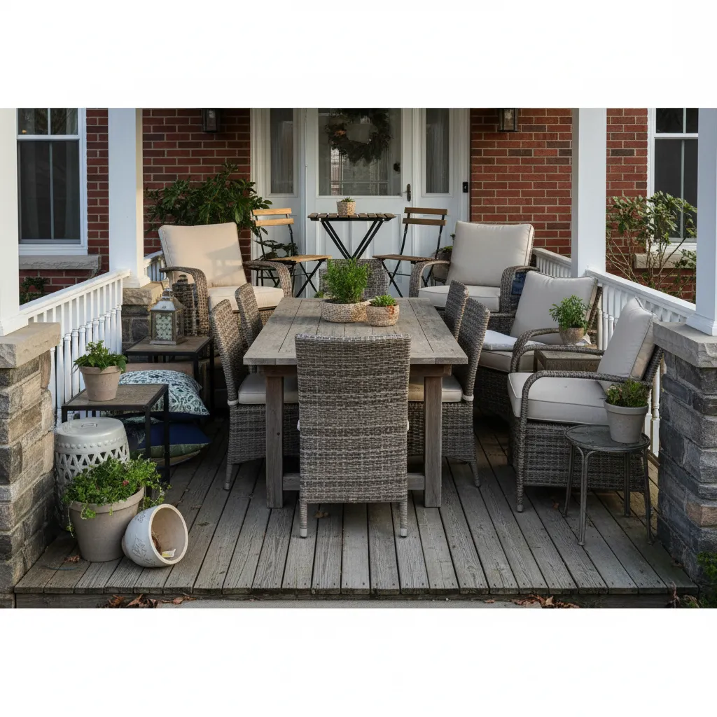 Porche mal distribuido con muebles que bloquean el paso